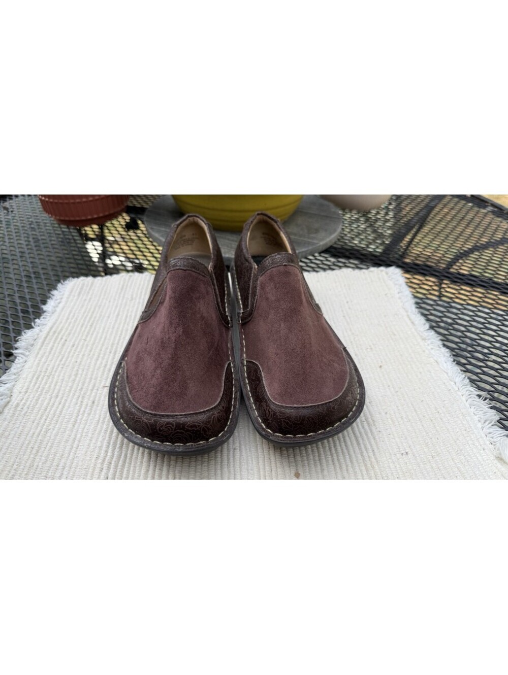 Alegria Brown Suede Floral Leather Slip On Shoes EU 41 Rocker Sole Nurse Comfort